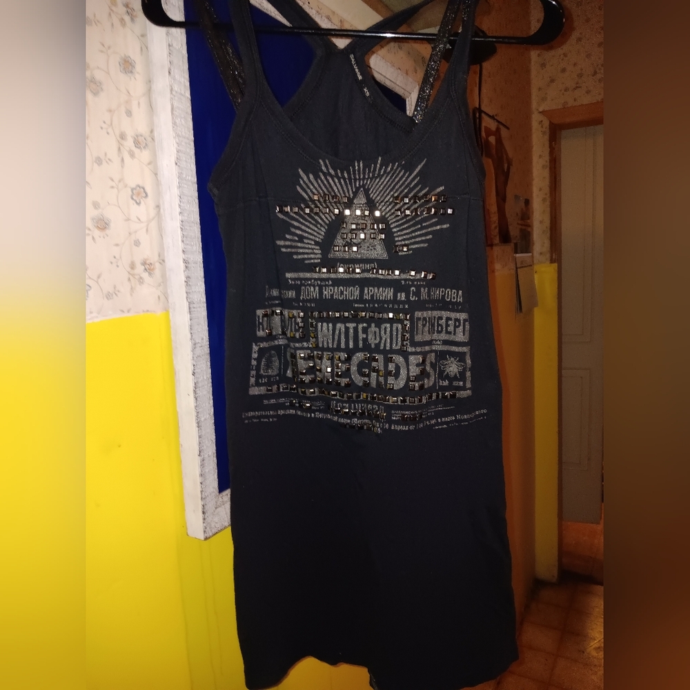 SALVAGE Black Srudded "Renegades" Graphic Mini Dress. XS